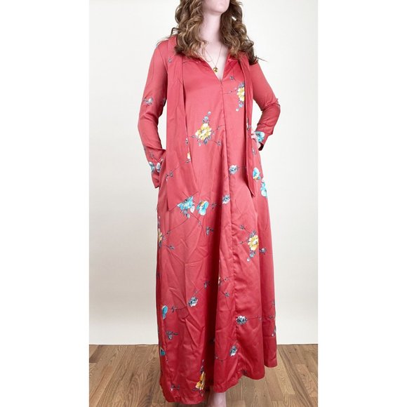 Vintage 50s 60s Maxi Dress House Coat Cover Up Duster Floral Mid Century Modern - Picture 4 of 4